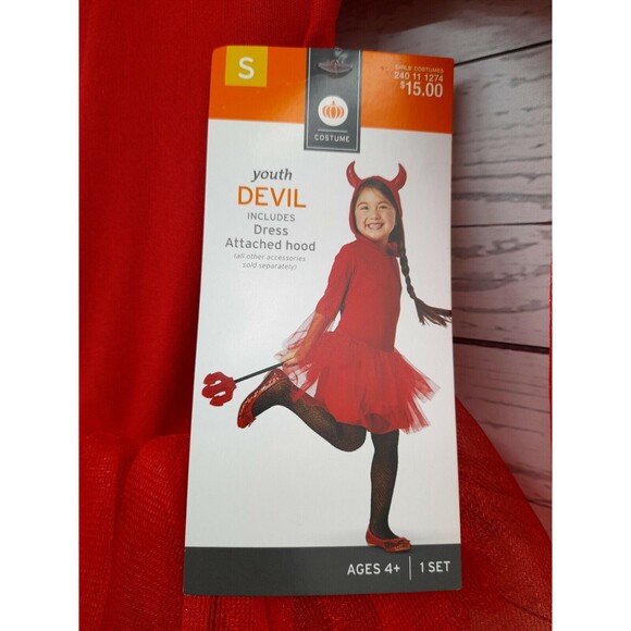 Devil Red Dress Costume Costplay Girl Tulle Skirt attached Horns Hood S (4-6) - Picture 2 of 10